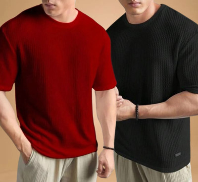 AAITHAN Self Design Men Round Neck Maroon, Black T-Shirt