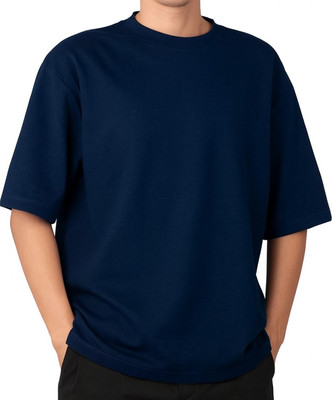 ALONE EAGLE Solid Men Round Neck Dark Blue T-Shirt