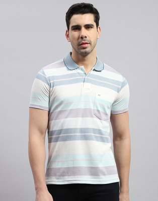 MONTE CARLO Striped Men Polo Neck Blue T-Shirt