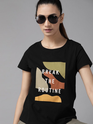 Roadster Printed Women Round Neck Black T-Shirt