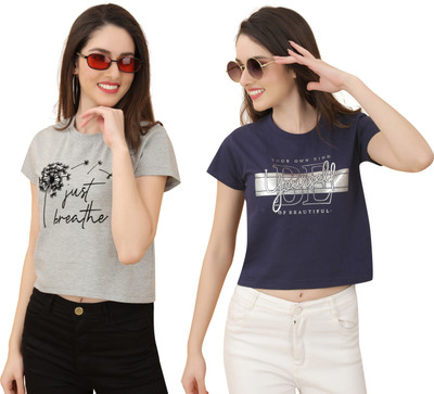 vfesta Typography Women Round Neck Grey, Dark Blue T-Shirt