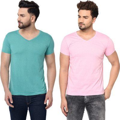 Adorbs Trend Solid Men V Neck Green, Pink T-Shirt