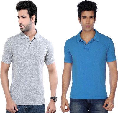 FUNKY GUYS Solid Men Polo Neck Silver T-Shirt
