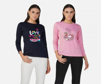 CHOZI Printed Women Round Neck Navy Blue, Pink T-Shirt