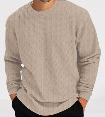 Reya Self Design Men Round Neck Beige T-Shirt
