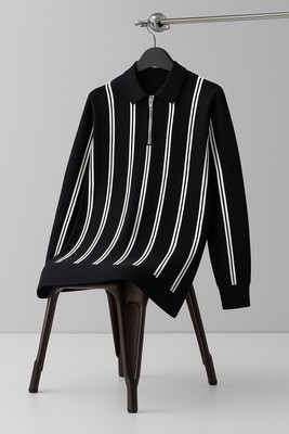 NB NICKY BOY Striped Men Zip Neck Black T-Shirt