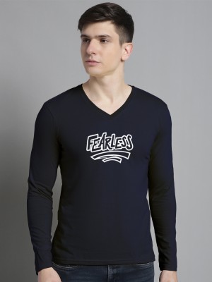 FBAR Typography Men V Neck Dark Blue T-Shirt