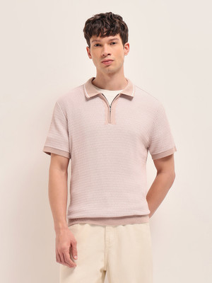 THE BEAR HOUSE Self Design Men Polo Neck Pink T-Shirt