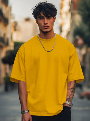 TeeBrozz Solid Men Round Neck Yellow T-Shirt