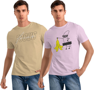 HouseOfCommon Printed Men Round Neck Beige, Pink T-Shirt