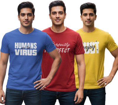 Stylewill Typography Men Round Neck Blue, Maroon, Yellow T-Shirt