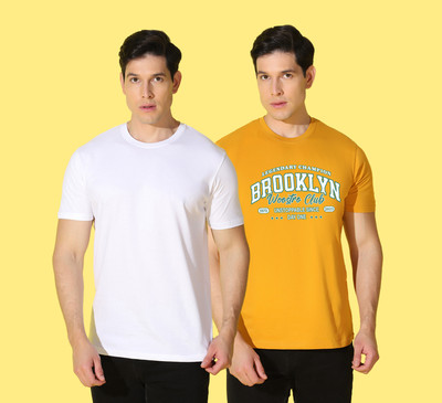 WOOSTRO Typography, Solid Men Round Neck White, Yellow T-Shirt