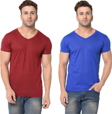Tresna Fab Solid Men V Neck Maroon, Blue T-Shirt