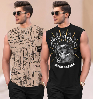 TRIPR Printed Men Round Neck Beige, Black T-Shirt