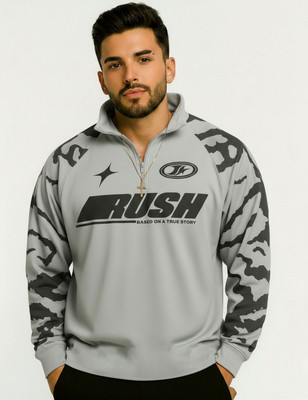 Force Printed Men Zip Neck Grey T-Shirt