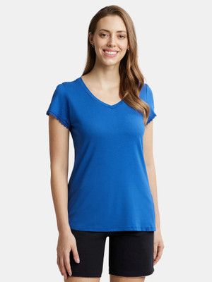 JOCKEY Solid Women V Neck Blue T-Shirt