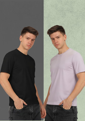 CARLO MAGNO Solid Couple Round Neck Black, Purple T-Shirt