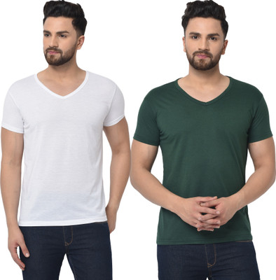Tresna Trendy Solid Men V Neck Dark Green, White T-Shirt