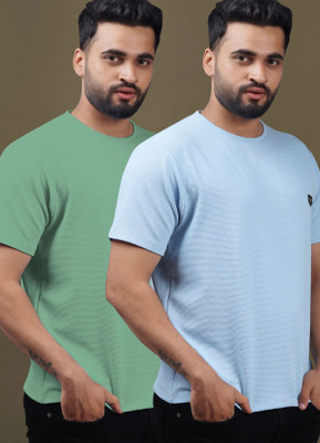 Yazole Solid Men Round Neck Light Green, Light Blue T-Shirt