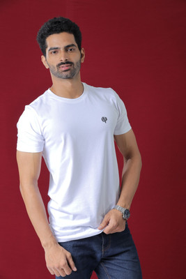LEAFCARE Self Design Men Round Neck White T-Shirt