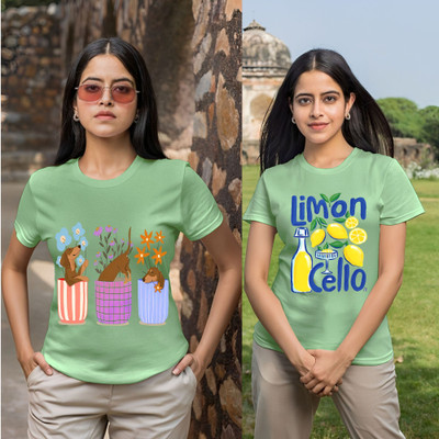 Kasendra Printed Women Round Neck Green T-Shirt