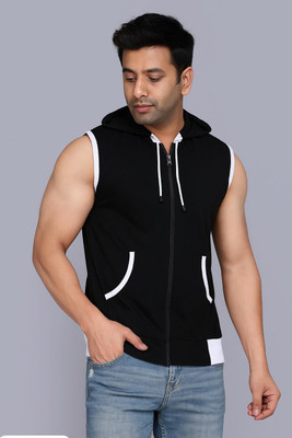VASTRAART Solid, Sporty Men Hooded Neck Black, White T-Shirt