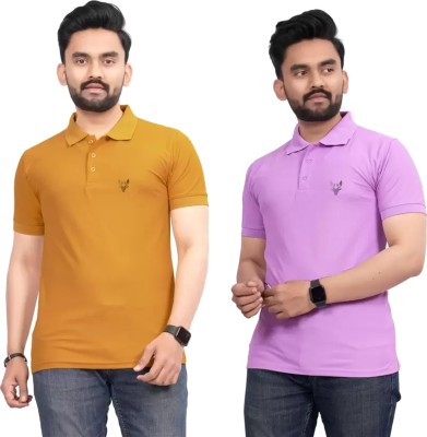 JH MART Solid Men Polo Neck Purple, Yellow T-Shirt