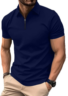 JUGULAR Solid Men Zip Neck Navy Blue T-Shirt