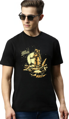 TEEGALLARY Printed Men Round Neck Black T-Shirt