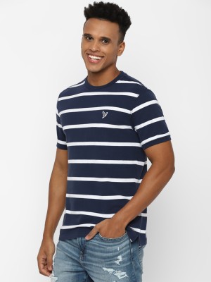 American Eagle Striped Men Round Neck Dark Blue T-Shirt