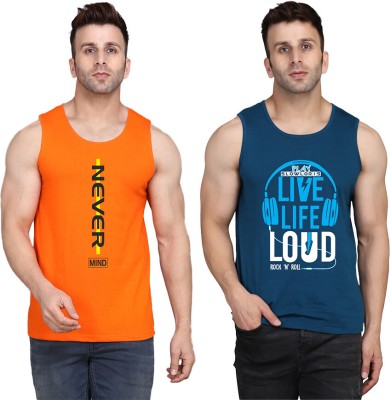 SLOWLORIS Printed Men Scoop Neck Dark Blue, Orange T-Shirt