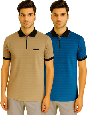 RMLKN Striped Men Zip Neck Beige, Blue T-Shirt