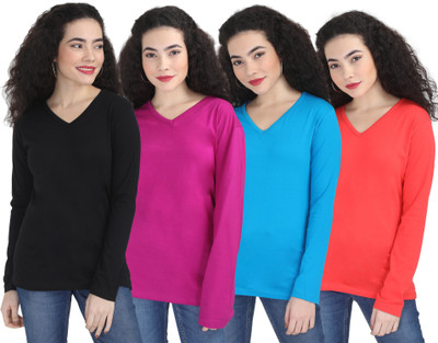 Fleximaa Solid Women V Neck Multicolor T-Shirt