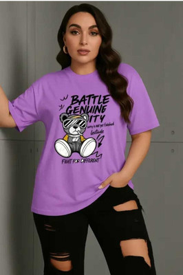 HouseOfCommon Printed Women Round Neck Purple T-Shirt