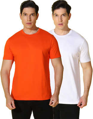 WOOSTRO Solid Men Round Neck Orange, White T-Shirt