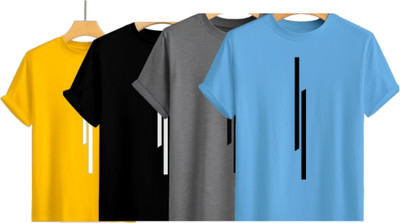 P collection Printed Men Round Neck Yellow, Black, Grey, Light Blue T-Shirt
