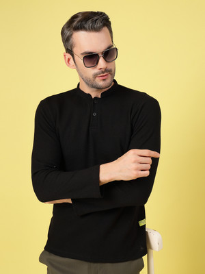 RIGO Solid Men Mandarin Collar Black T-Shirt