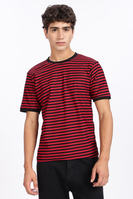 PEELY Striped Men Round Neck Red, Black T-Shirt