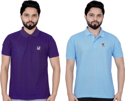 La Milano Solid Men Polo Neck Light Blue, Purple T-Shirt