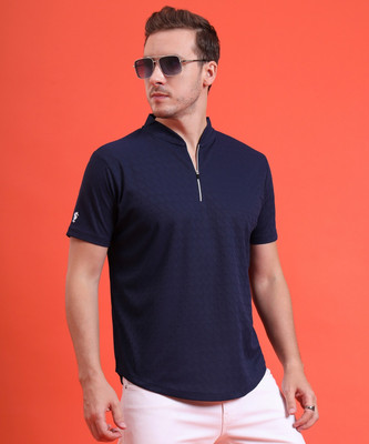 EPPE Solid Men Mandarin Collar Navy Blue T-Shirt