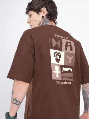 Glitchez Printed Men Round Neck Brown T-Shirt
