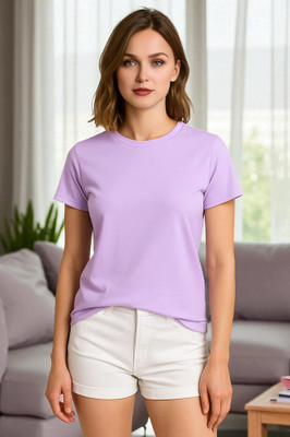 Elvia Solid Women Round Neck Purple T-Shirt