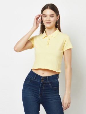 CRIMSOUNE CLUB Solid Women Polo Neck Yellow T-Shirt