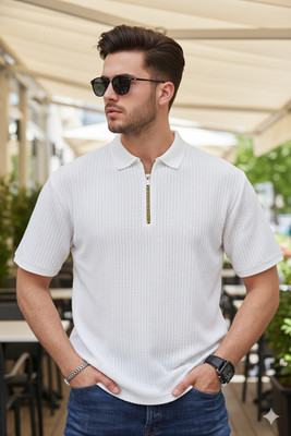 Siya Fashion Solid Men Zip Neck White T-Shirt
