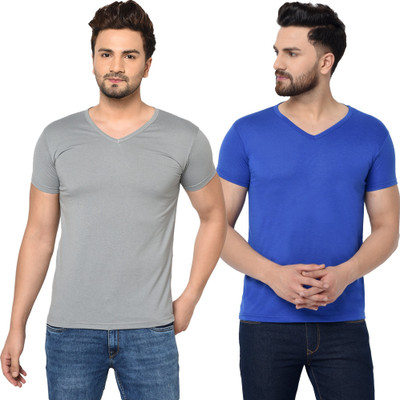 Tresna Fab Solid Men V Neck Blue, Grey T-Shirt