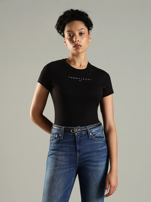 TOMMY HILFIGER Typography Women Crew Neck Black T-Shirt