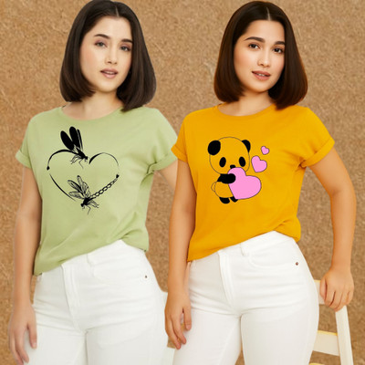 Kasendra Graphic Print Women Round Neck Green, Yellow T-Shirt
