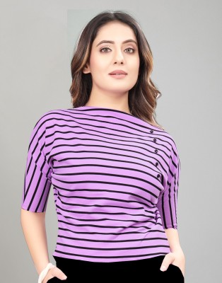 ALKENI CLOTHING Striped Women Round Neck Purple T-Shirt