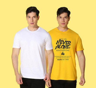 WOOSTRO Printed, Solid Men Round Neck White, Yellow T-Shirt