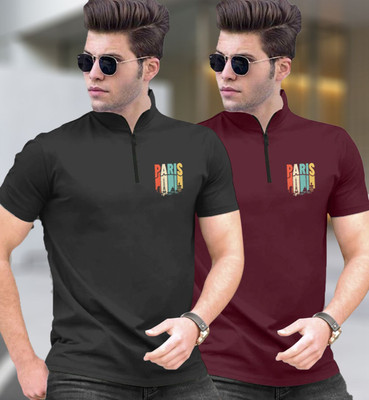 FastColors Printed Men Mandarin Collar Black, Maroon T-Shirt